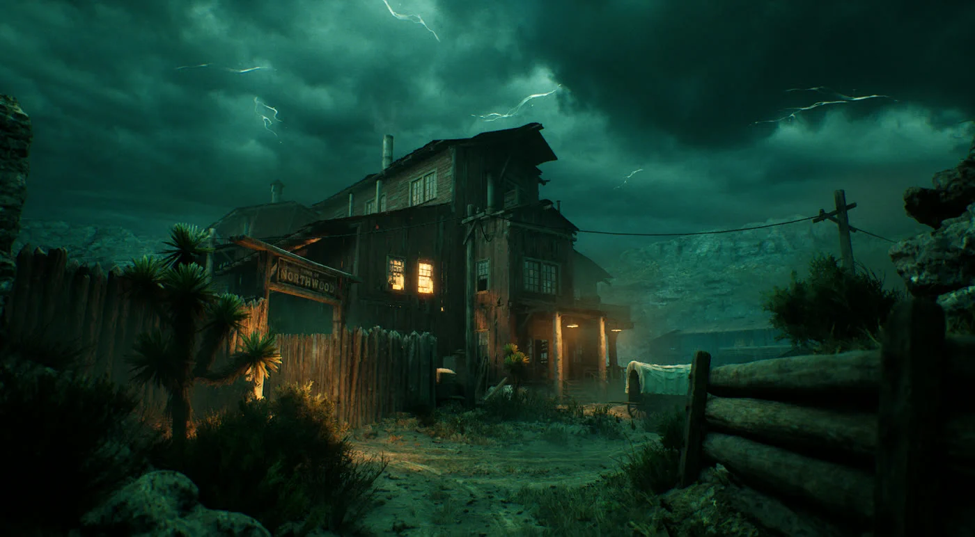 Unreal Engine lighting render by Claudia Wang: wooden frontier saloon under a green lightning storm