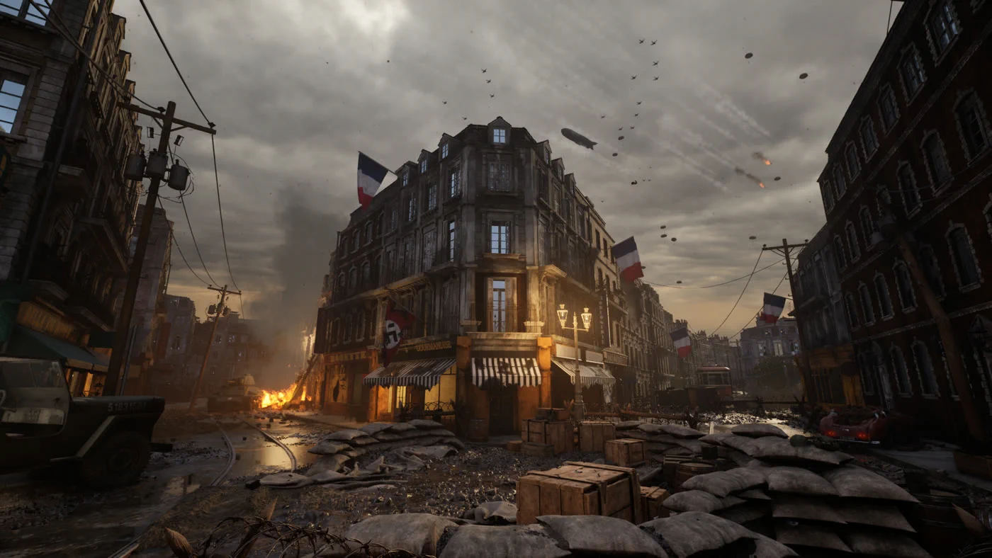 Unreal Engine lighting render by Claudia Wang: war-torn Paris street corner with tricolor flags under an overcast sky