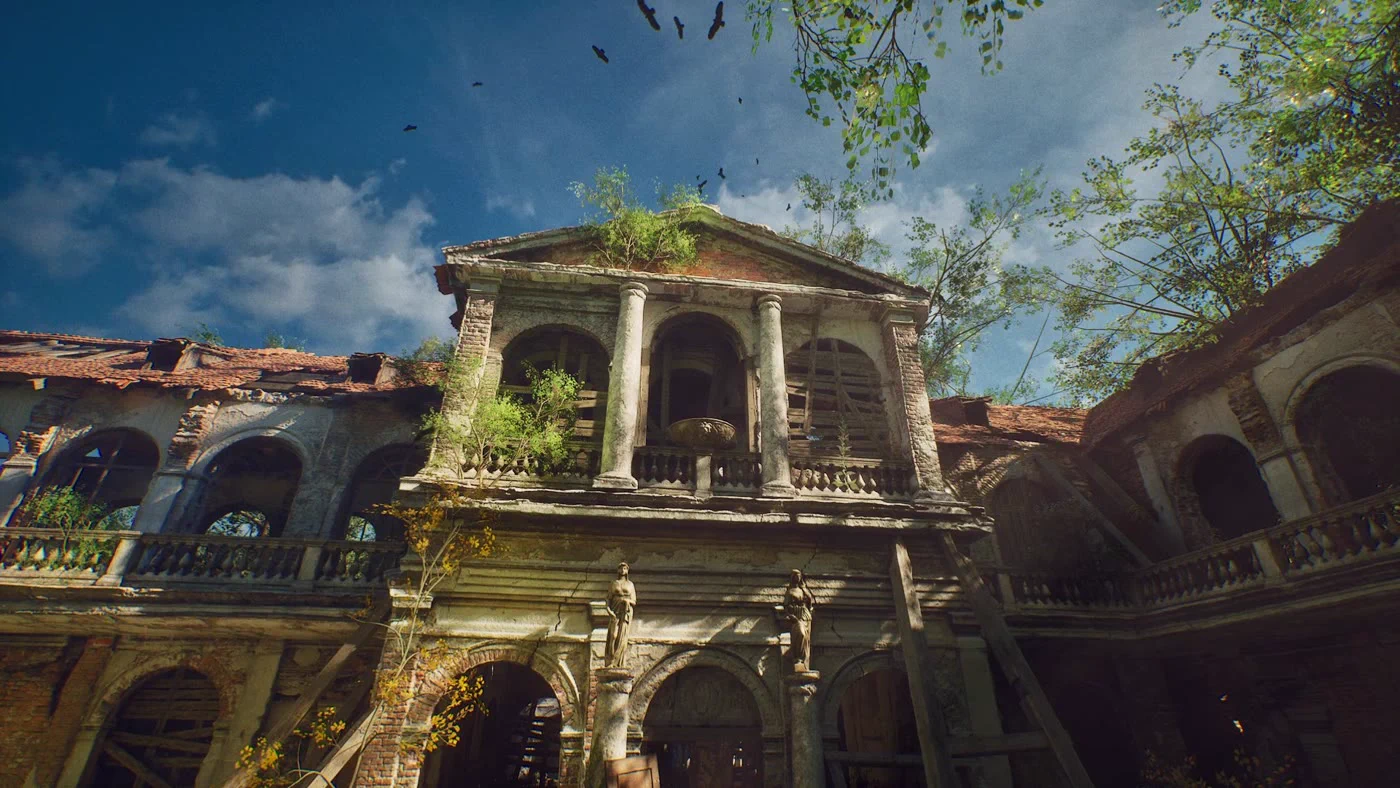 Unreal Engine lighting render by Claudia Wang: ruined neoclassical mansion facade under a blue sky, low angle