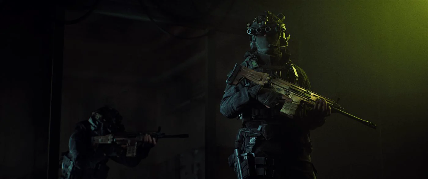 Unreal Engine lighting render by Igor Ponomarev: two soldiers in night-vision gear lit by a single green light