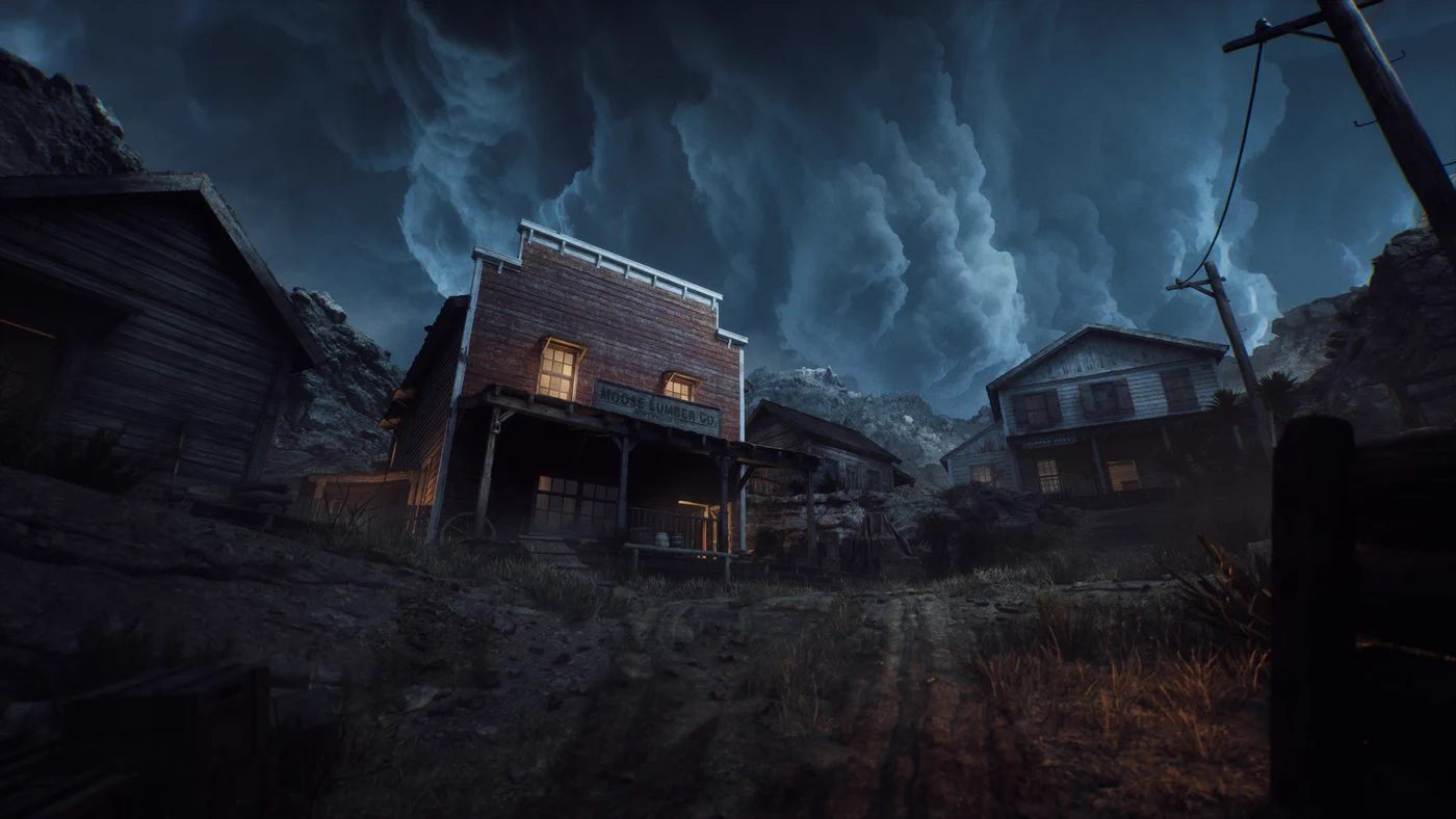 Unreal Engine lighting render by Igor Ponomarev: wooden frontier town under a dark storm sky
