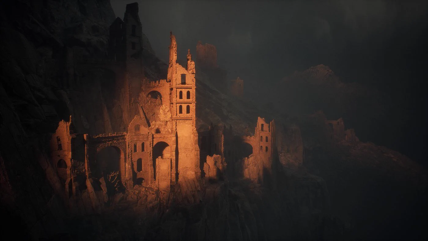 Unreal Engine lighting render by Igor Ponomarev: ruined stone fortress on a mountainside in warm orange light