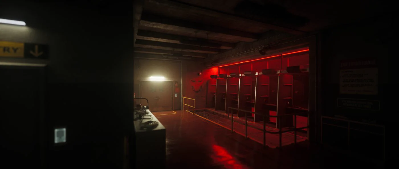 Unreal Engine lighting render by Oleksandr Bodnar: underground shooting range under red neon light, one ceiling lamp over the counter