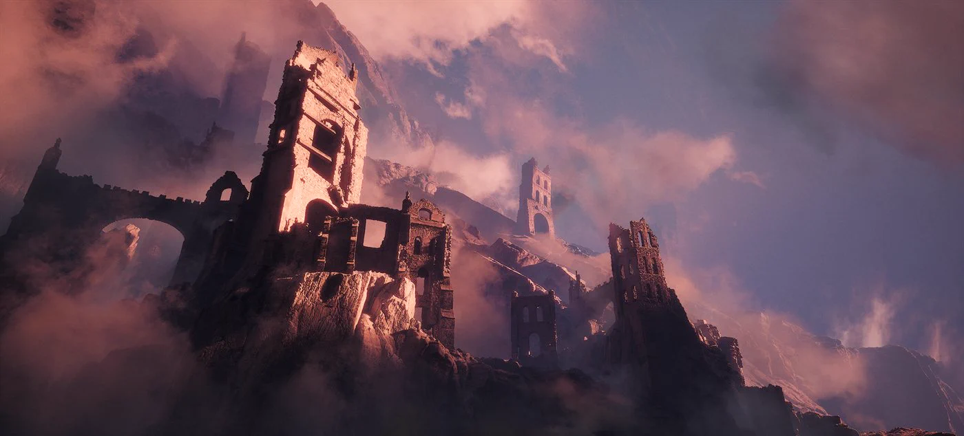 Unreal Engine lighting render by Oleksandr Bodnar: ruined hilltop city in pink dawn haze