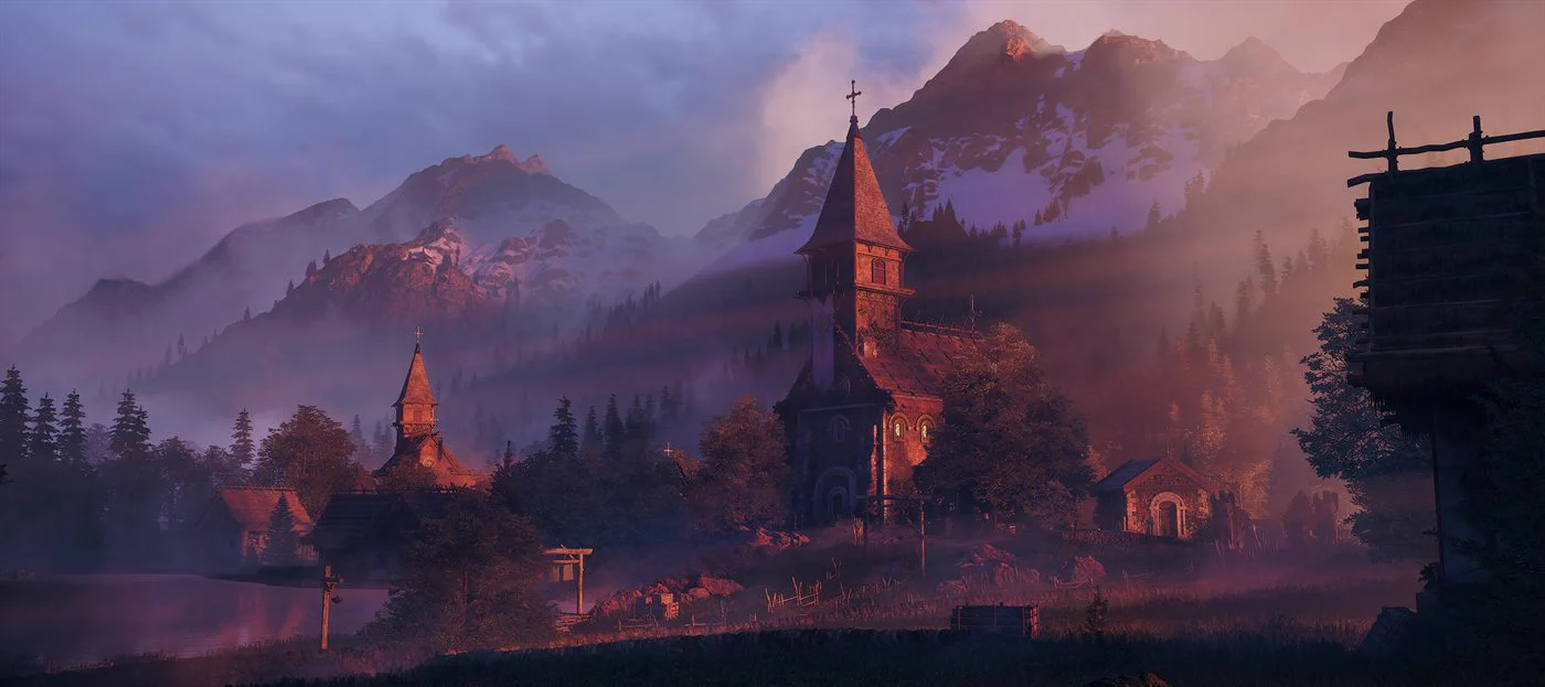Unreal Engine lighting render by Oleksandr Bodnar: stone church and village below snow-capped mountains at sunset