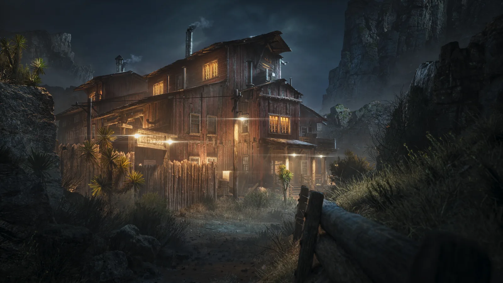 Night lighting study of a frontier town, rendered in Unreal Engine 5