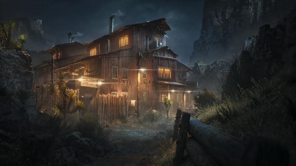 Night lighting study of a frontier town in a rocky canyon, rendered in Unreal Engine 5