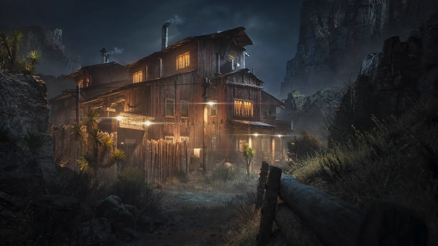 Unreal Engine lighting by Karim Yasser: the frontier town of Northwood relit under cool moonlight with placed lights