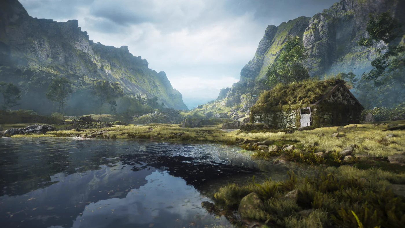 Unreal Engine lighting by Karim Yasser: a turf-roofed cabin by a still lake in a green Icelandic valley under soft daylight