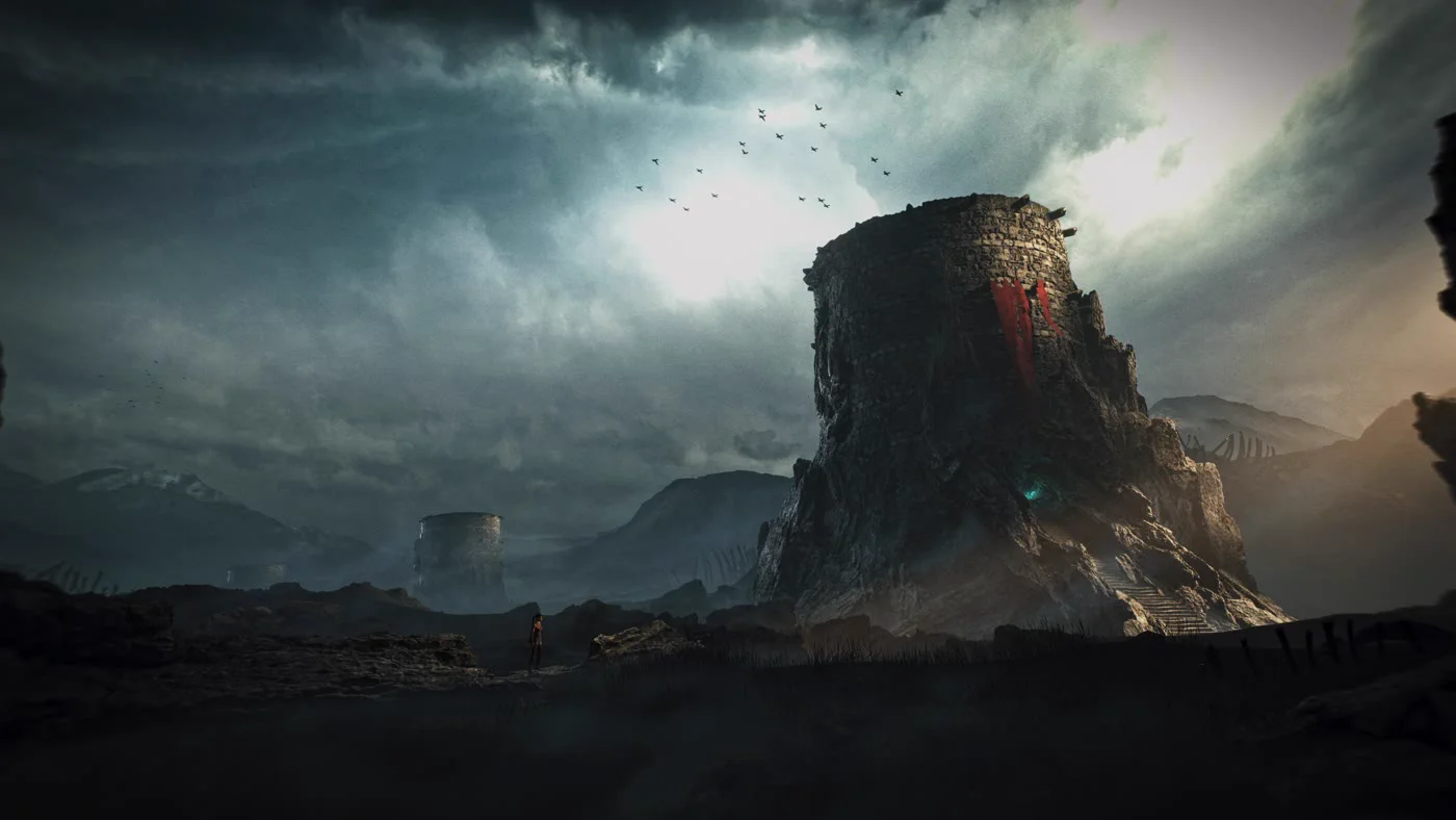 Unreal Engine lighting by Karim Yasser: a ruined tower on a dark plain under a storm sky, a lone figure below