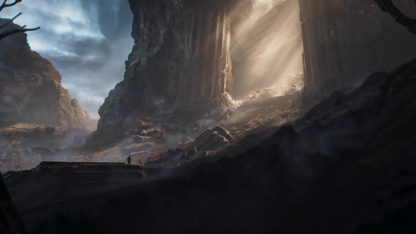 Unreal Engine lighting by Karim Yasser: sunlight breaking through a canyon gate onto a rocky pass