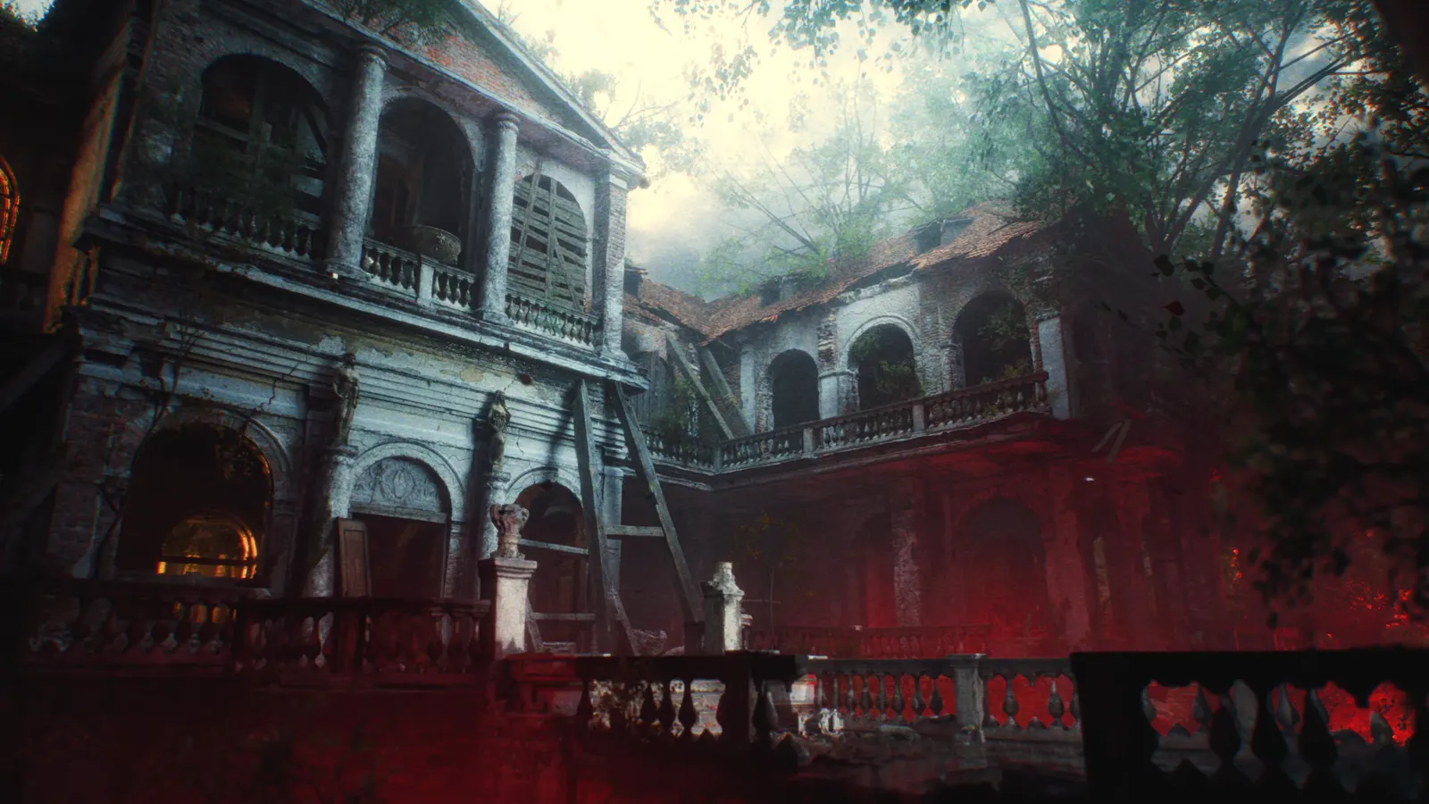 An overgrown colonial mansion courtyard in hazy daylight with red accent lighting, lit in Unreal Engine 5